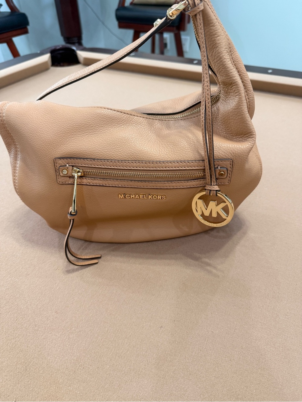 Michael Kors Camel/Tan Pebbled Leather Hobo with Gold MK Charm